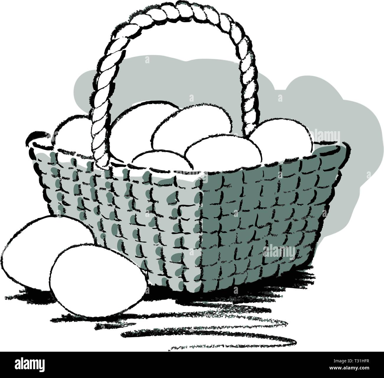 Eggs in a wicker basket sketch with 2 eggs sitting outside the basket