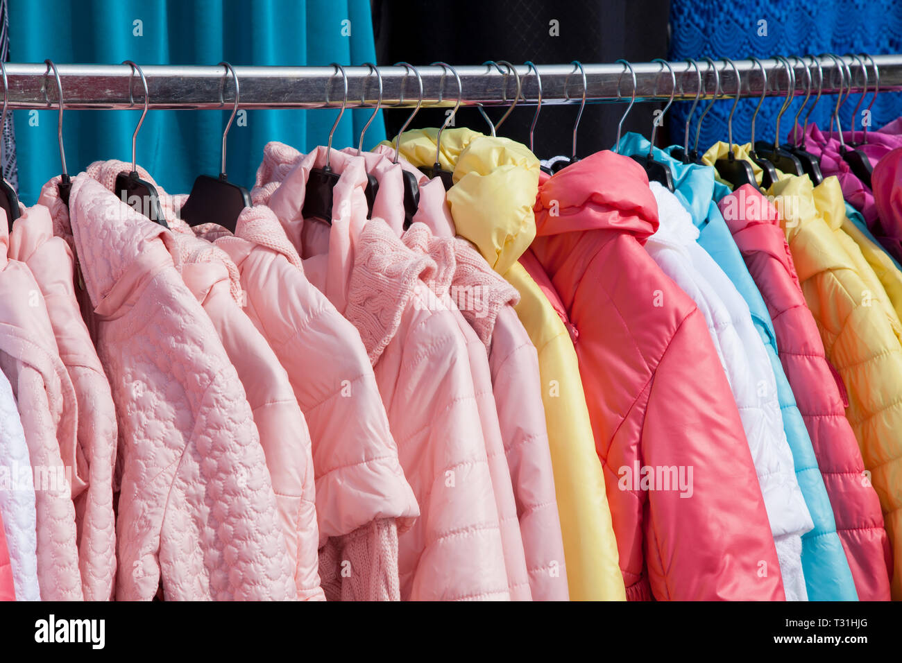 Jackets for sale on hanger. Stock Photo