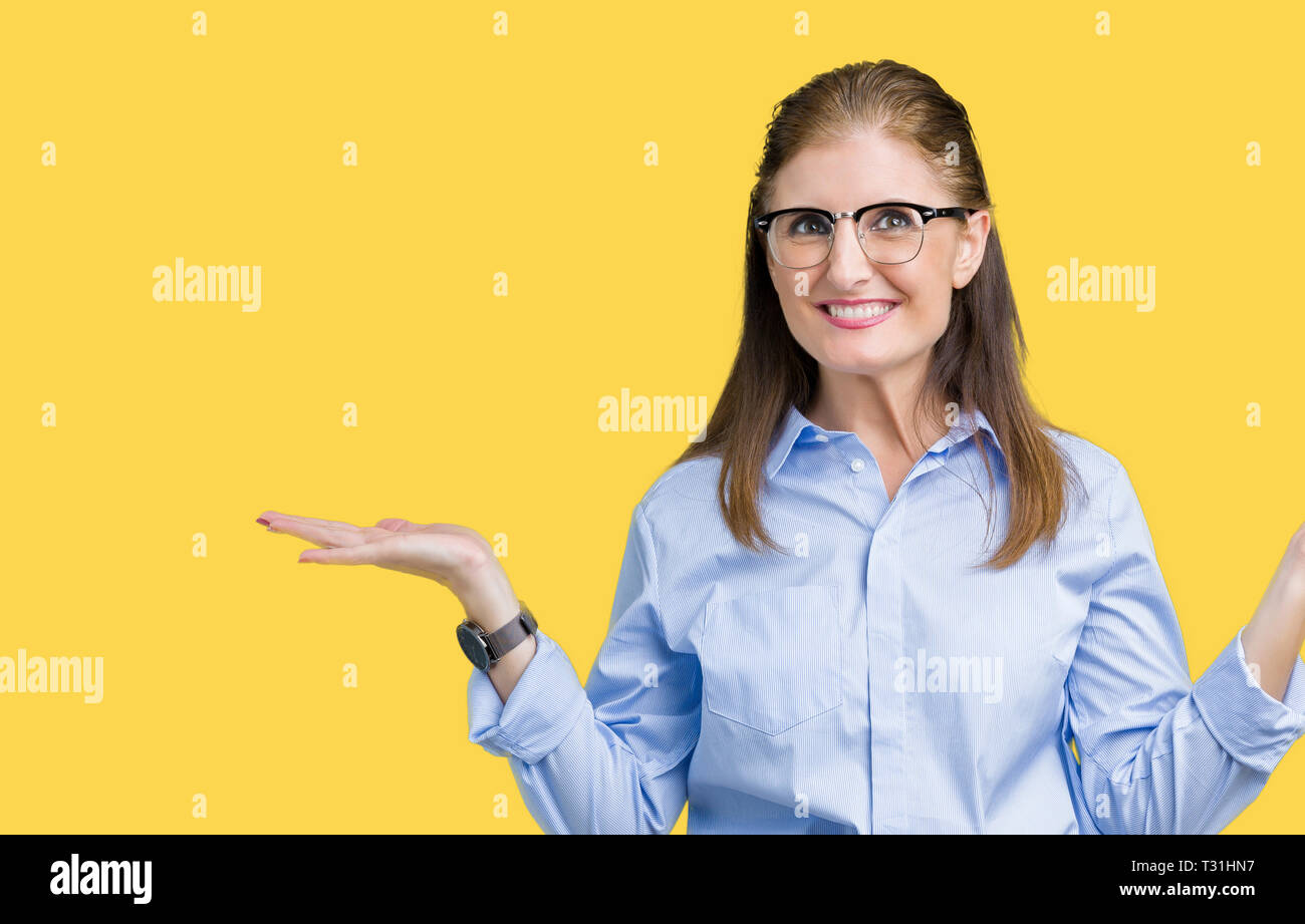 Beautiful Middle Age Mature Business Woman Wearing Glasses Over Isolated Background Smiling