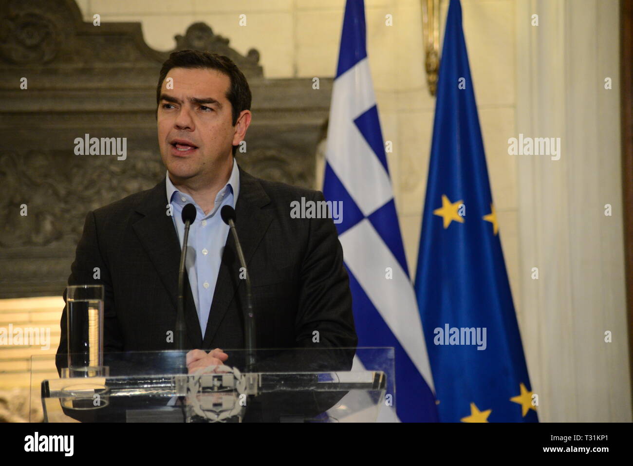Greek Prime Minister Alexis Tsipras, during the meeting with Prime Minister of Denmark, Lars Løkke Rasmussen. (Photo by Dimitrios Karvountzis/Pacific Press) Stock Photo
