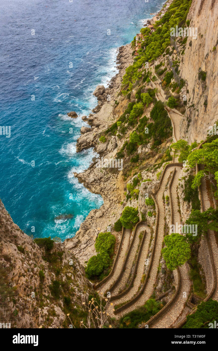 Via Krupp is a historic switchback paved footpath on the island of Capri, connecting the Charterhouse of San Giacomo and the Gardens of Augustus area  Stock Photo