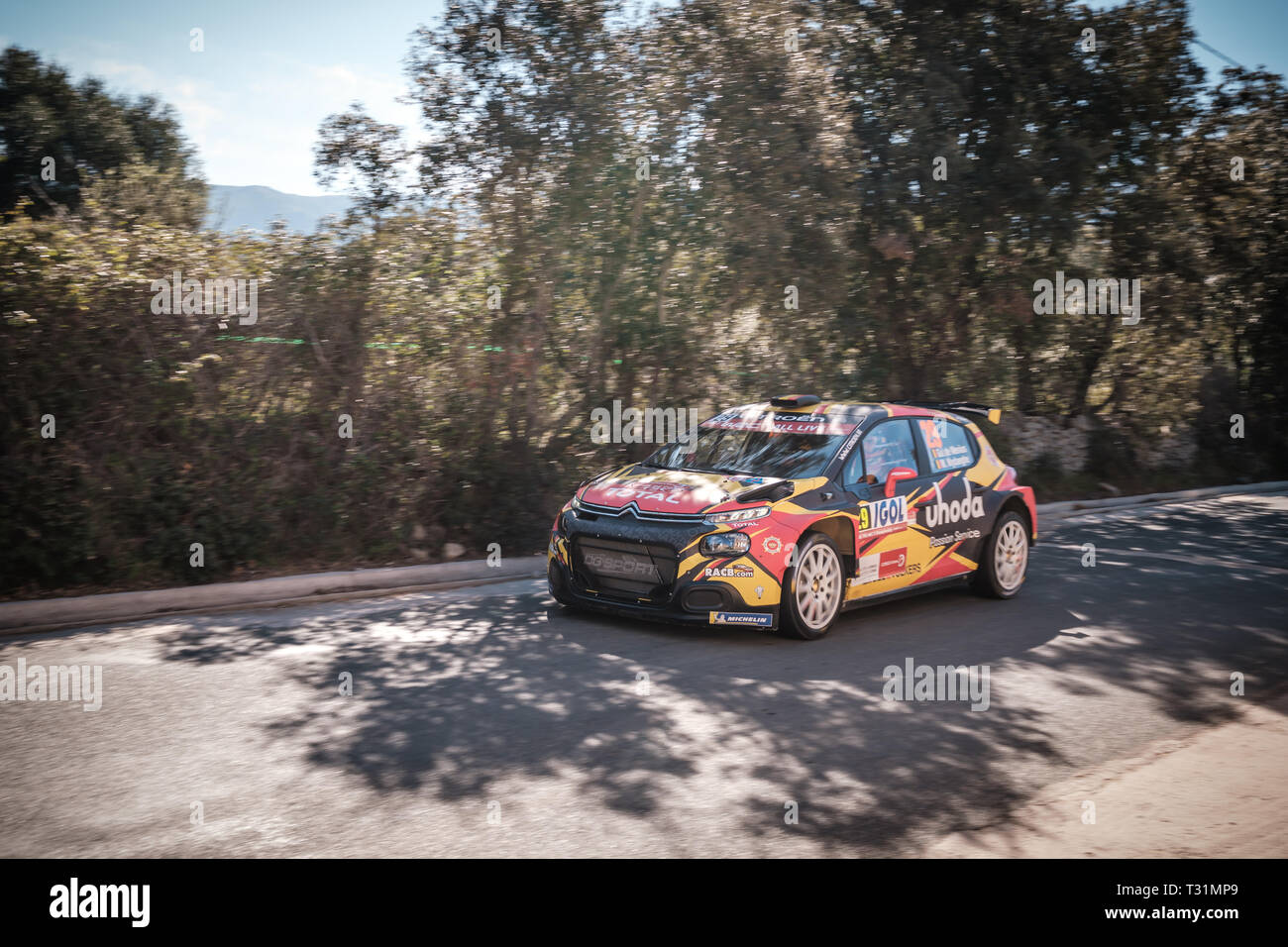 Regino, Corsica - 31st March 2019. G de Mevius & M. Wydaeghe compete in Special Stage SS13 between Regino and Montemaggiore in Corsica in the 2019 WRC Stock Photo