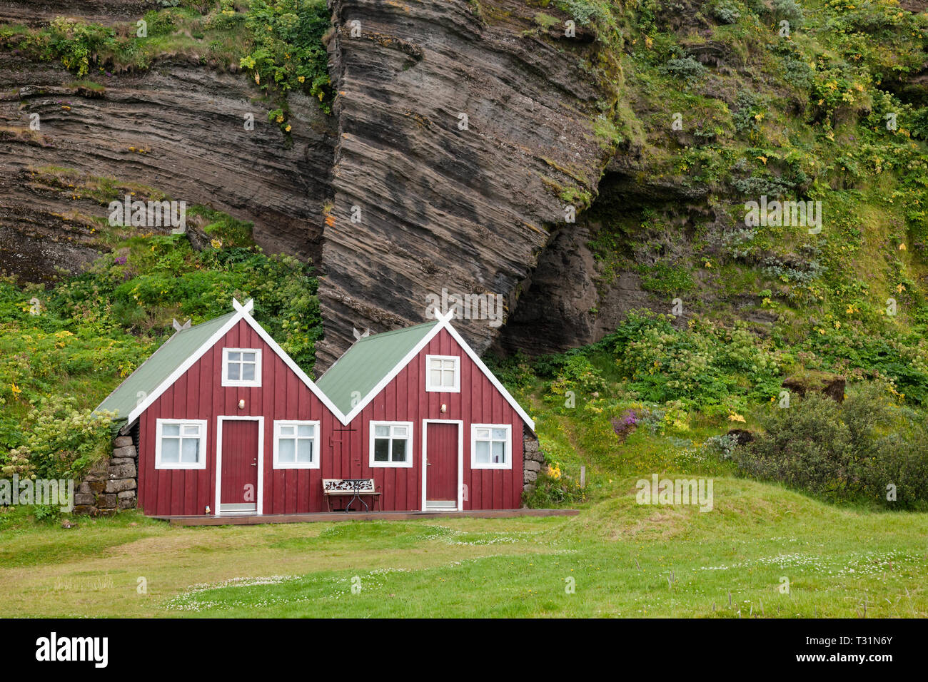 Small double wooden cabin at a campsite in Iceland, Scandinavia Stock Photo