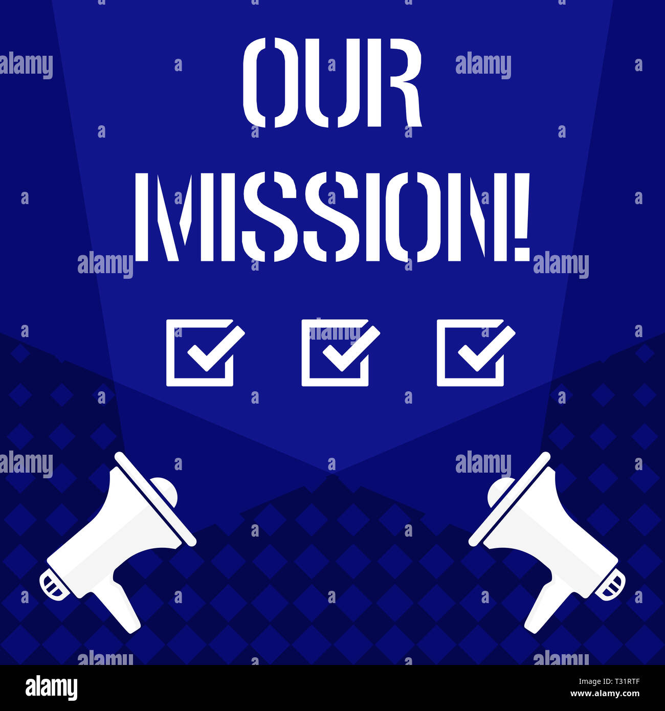 Writing note showing Our Mission. Business concept for serves as clear guide for choosing current and future goals Spotlight Crisscrossing Upward from Stock Photo