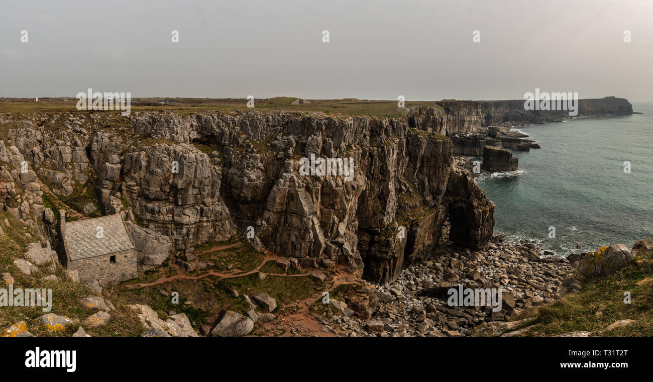 Panorama of St Govan's Chapel, and cliffs, Stackpole, Pembrokeshire ...