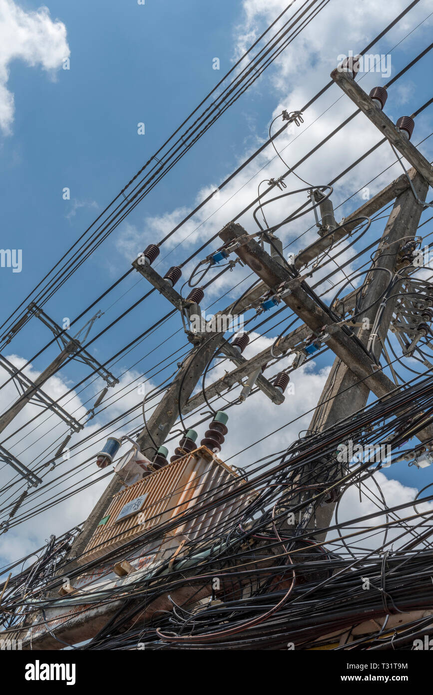 electric power electricity lines and sub station breakers at an energy station in Thailand Stock