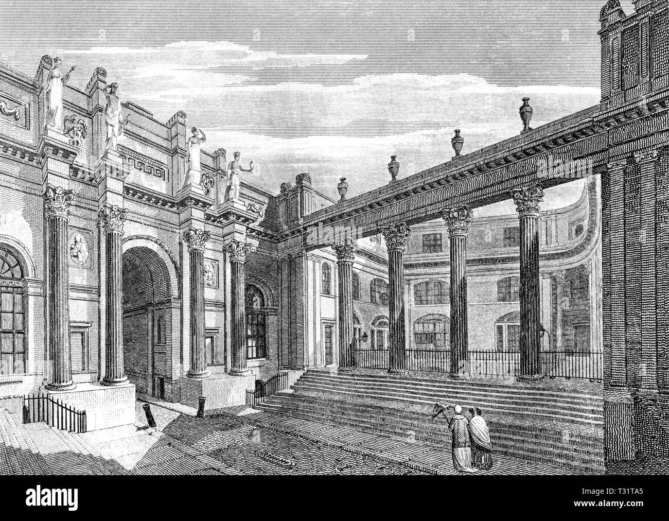 An engraving of Lothbury Court : Bank New Buildings, London UK scanned at high resolution from a book published in 1814. Believed copyright free. Stock Photo