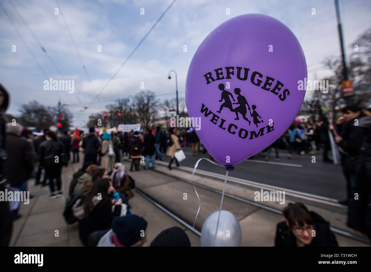 A purple Refugee ballon at a pro-refugee rally in Vienna Austria Stock Photo