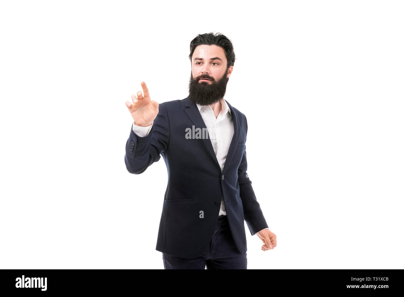 Businessman pressing an imaginary button, isolated on white background Stock Photo