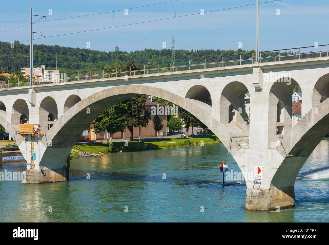 Bremgarten, Switzerland - June 16, 2018: bridge over the Reuss river in the town of Bremgarten. Bremgarten is a municipality in the Swiss canton of Aa Stock Photo