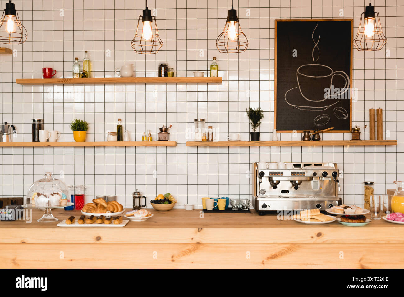 Interior Of Coffee Shop With Wooden Bar Counter Shelves And Tiled
