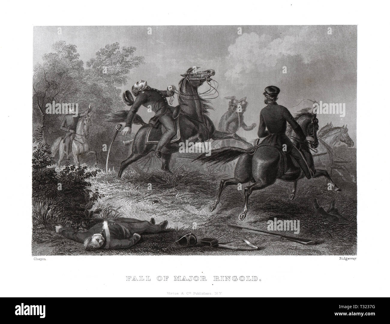 American History Scene: Fall of Major Ringold at the Battle of Palo Alto, Mexican American War, 1846 Stock Photo
