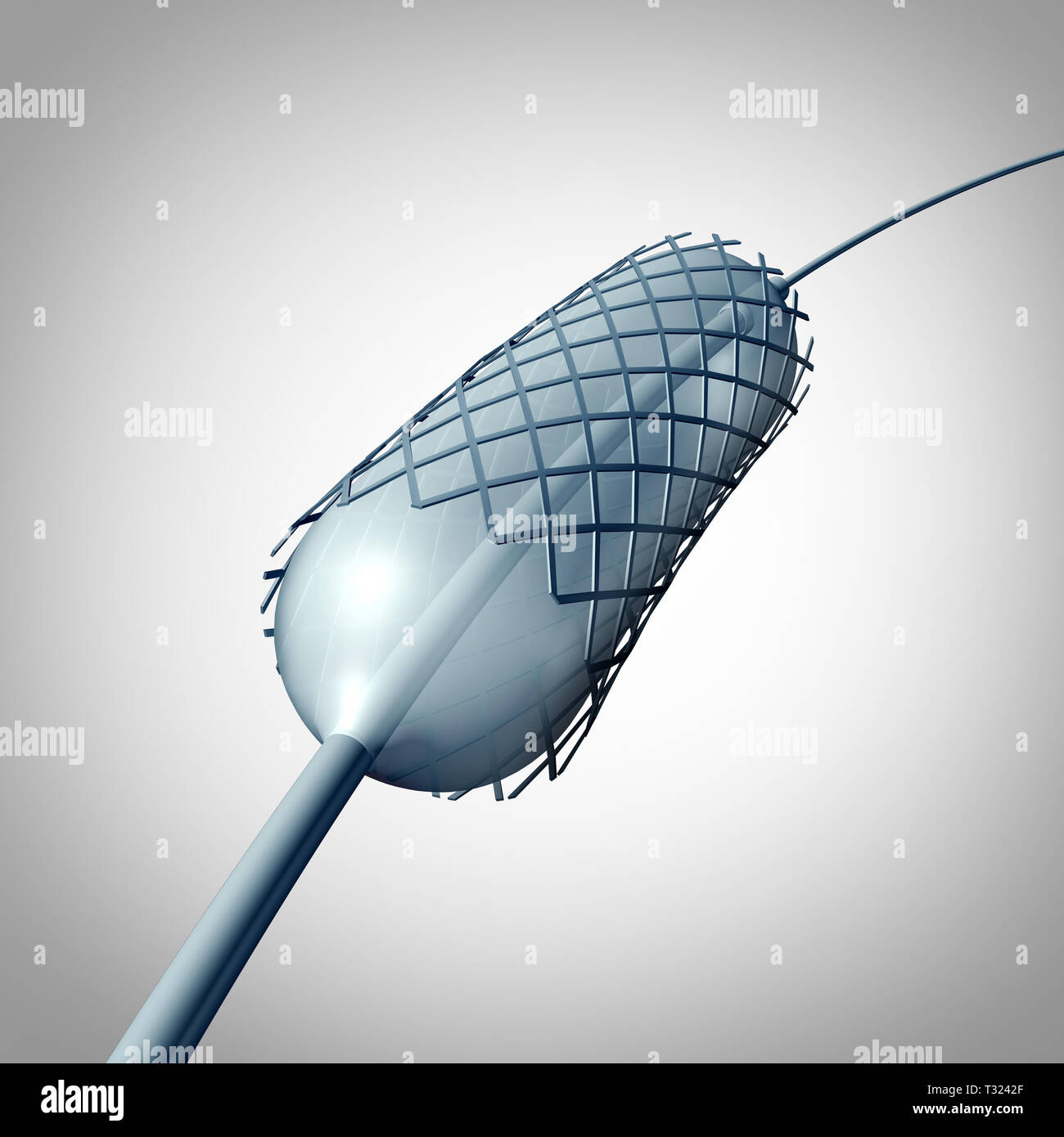 Catheter stent implantation medical procedure equipment concept as a circulatory medicine symbol for coronary angioplasty as an atherosclerosis. Stock Photo