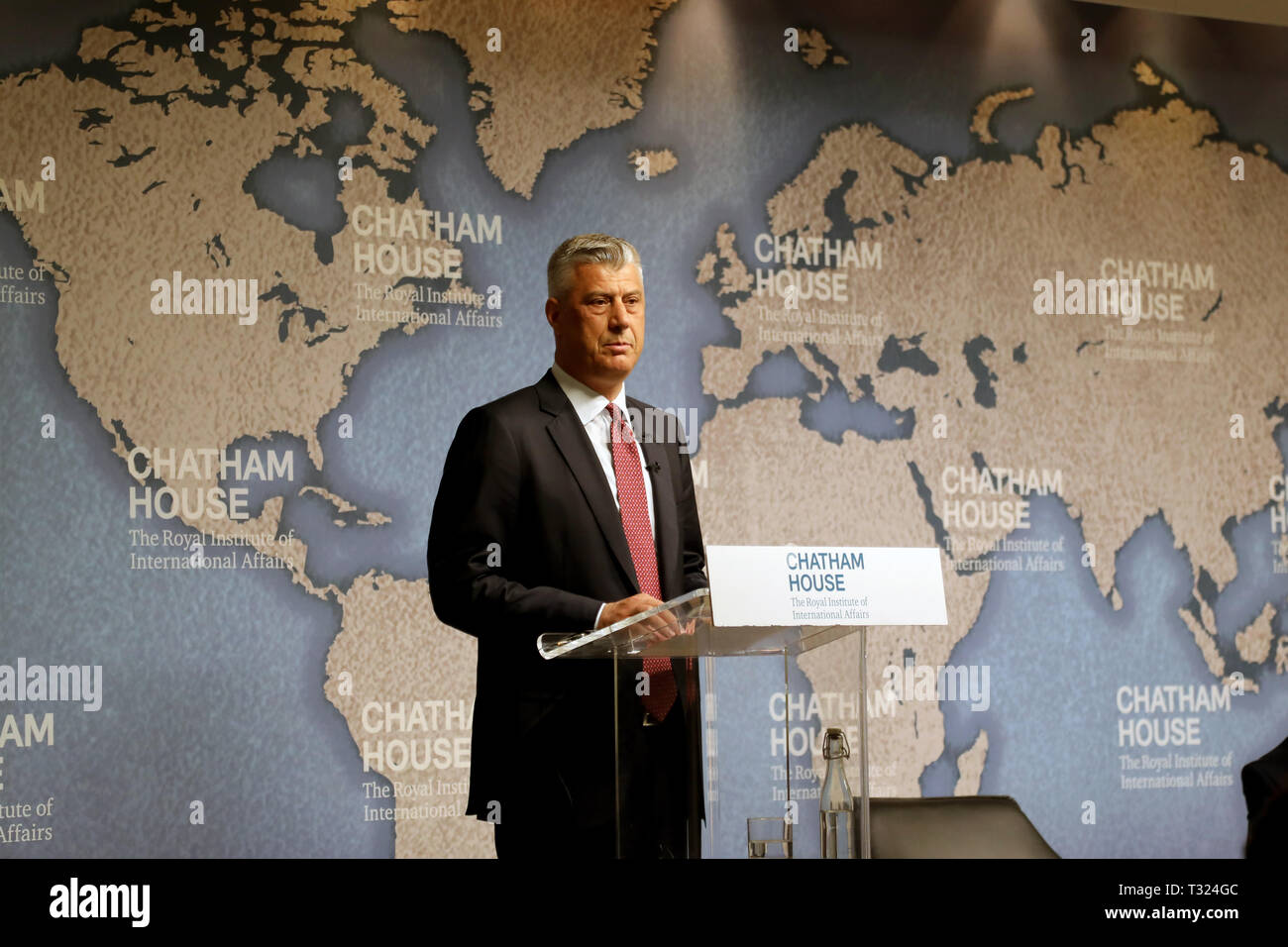 London / UK – April 5, 2019: President of Kosovo Hashim Thaçi gives a speak on relations between his country and Serbia, at Chatham House in London Stock Photo