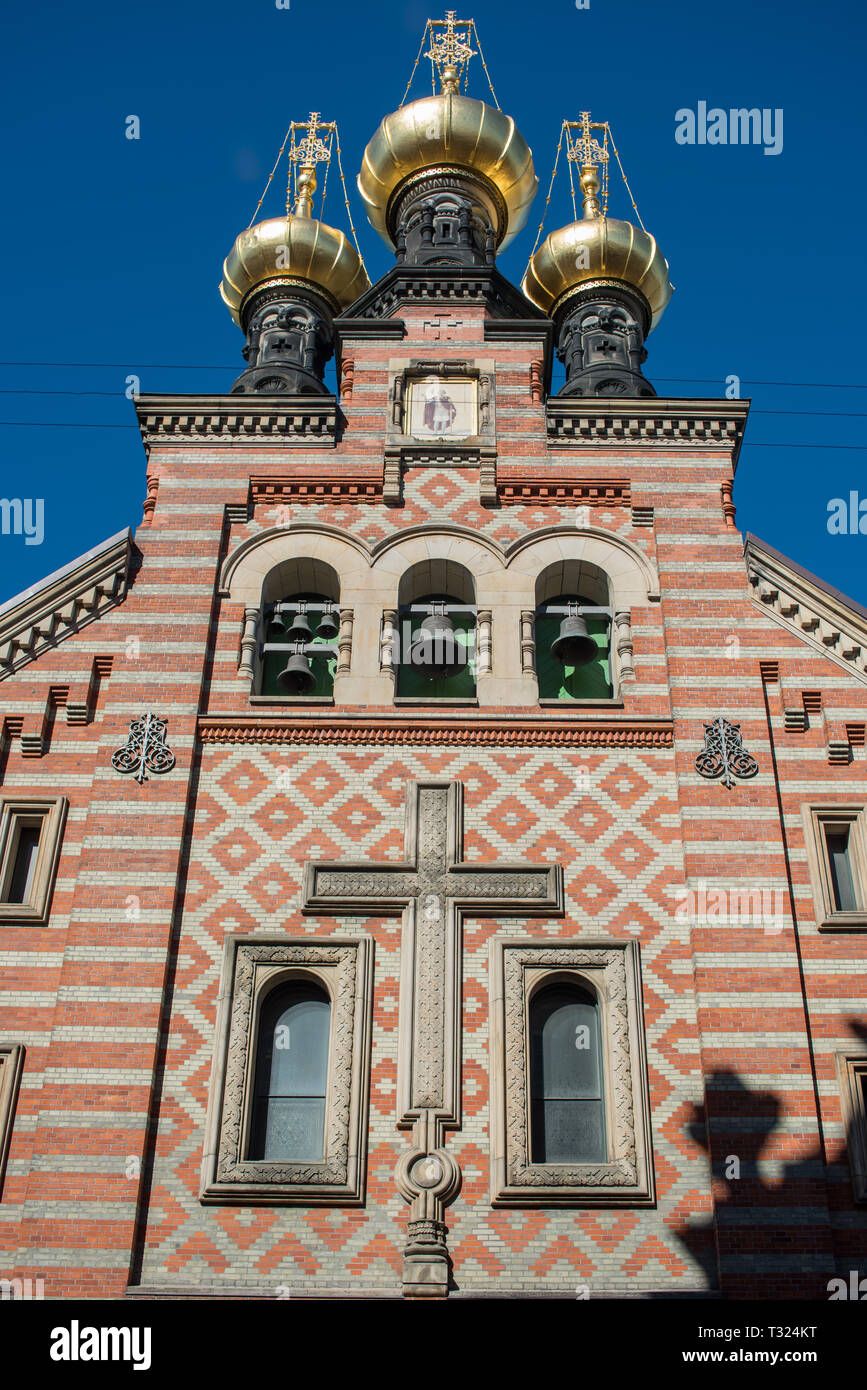 The striking Muscovite Architecture of the facade and onion domes of the Alexander Nevsky Russian Orthodox Church in  Bredgade Copenhagen Stock Photo