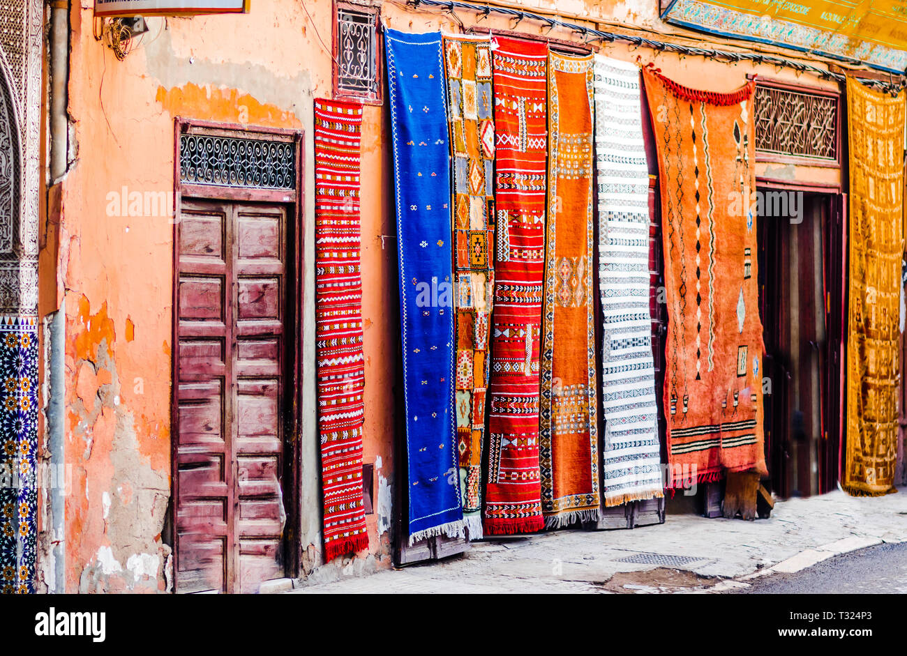 View on Berber Carpets in Souk of Marrakech Stock Photo