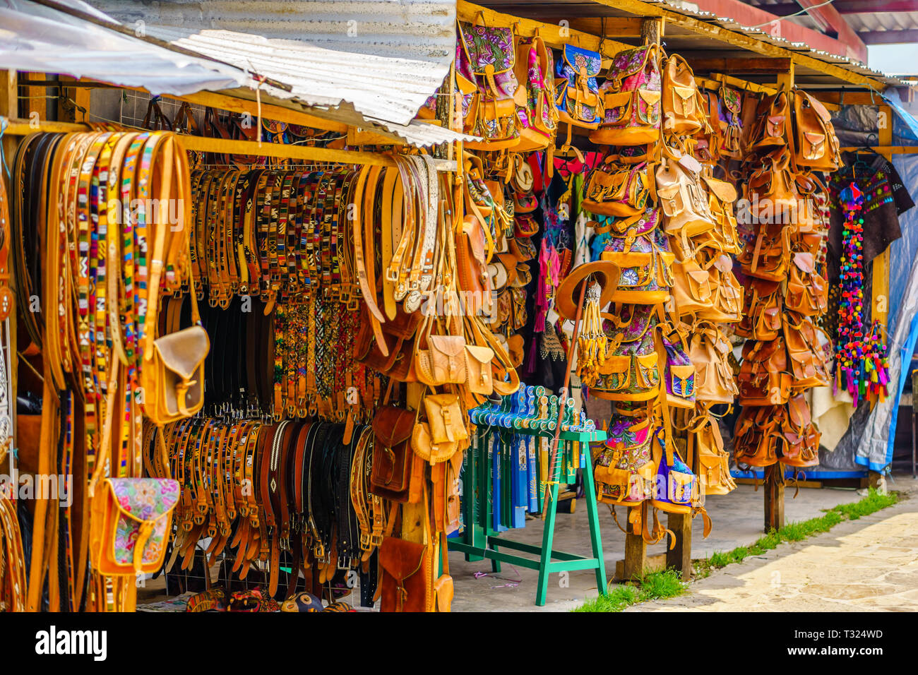 View on Indigenous leather handicrafts on market in Oaxaca Mexico