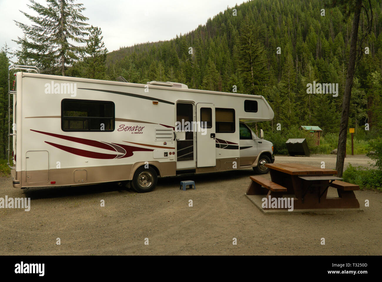 RV camping at Mule Deer campground in Manning Park, British Columbia, Canada Stock Photo