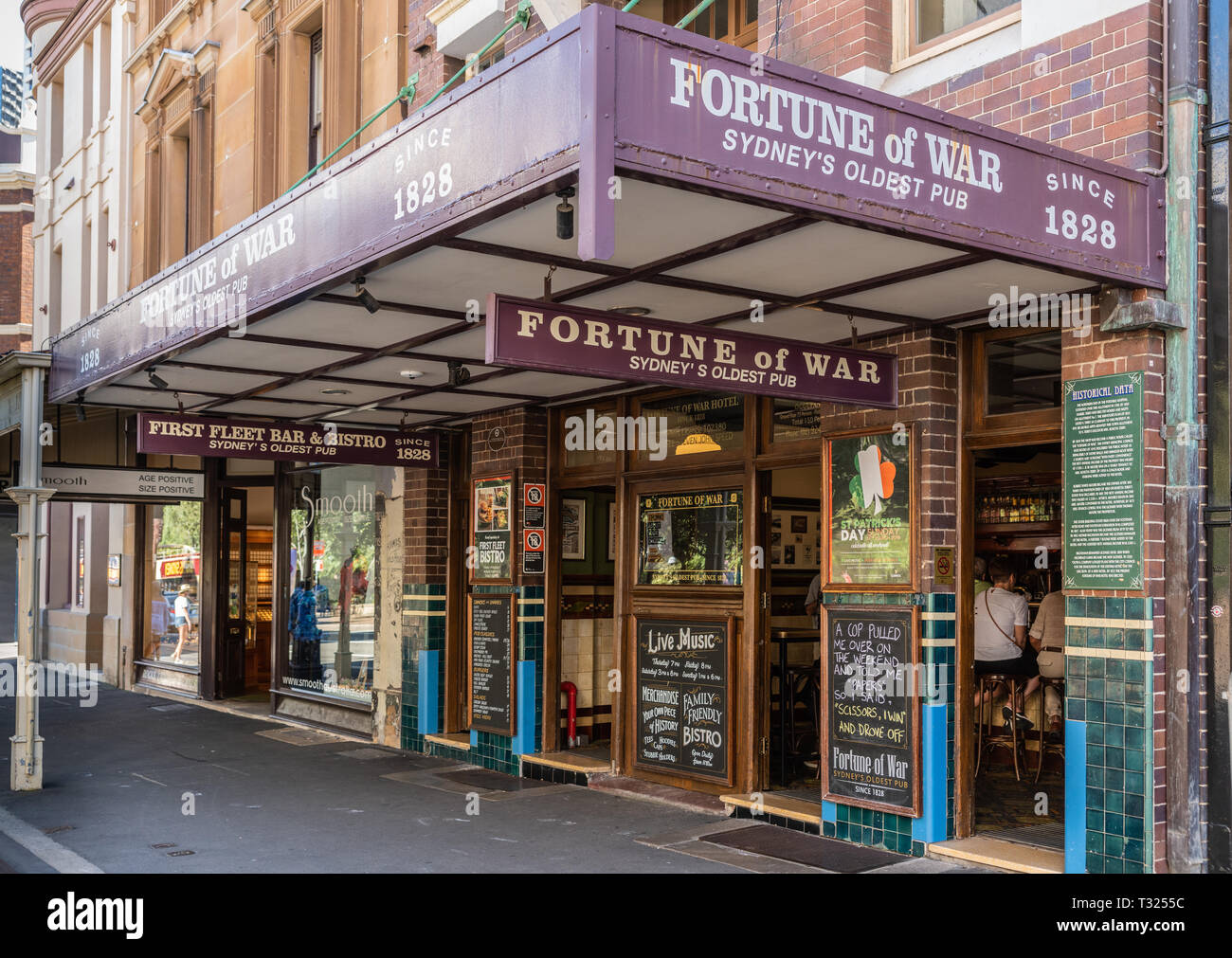 Sydney, Australia - February 11, 2019: Facade with look inside the Fortune of War, oldest pub in town in George Street near Circular Bay. Chalkboards  Stock Photo