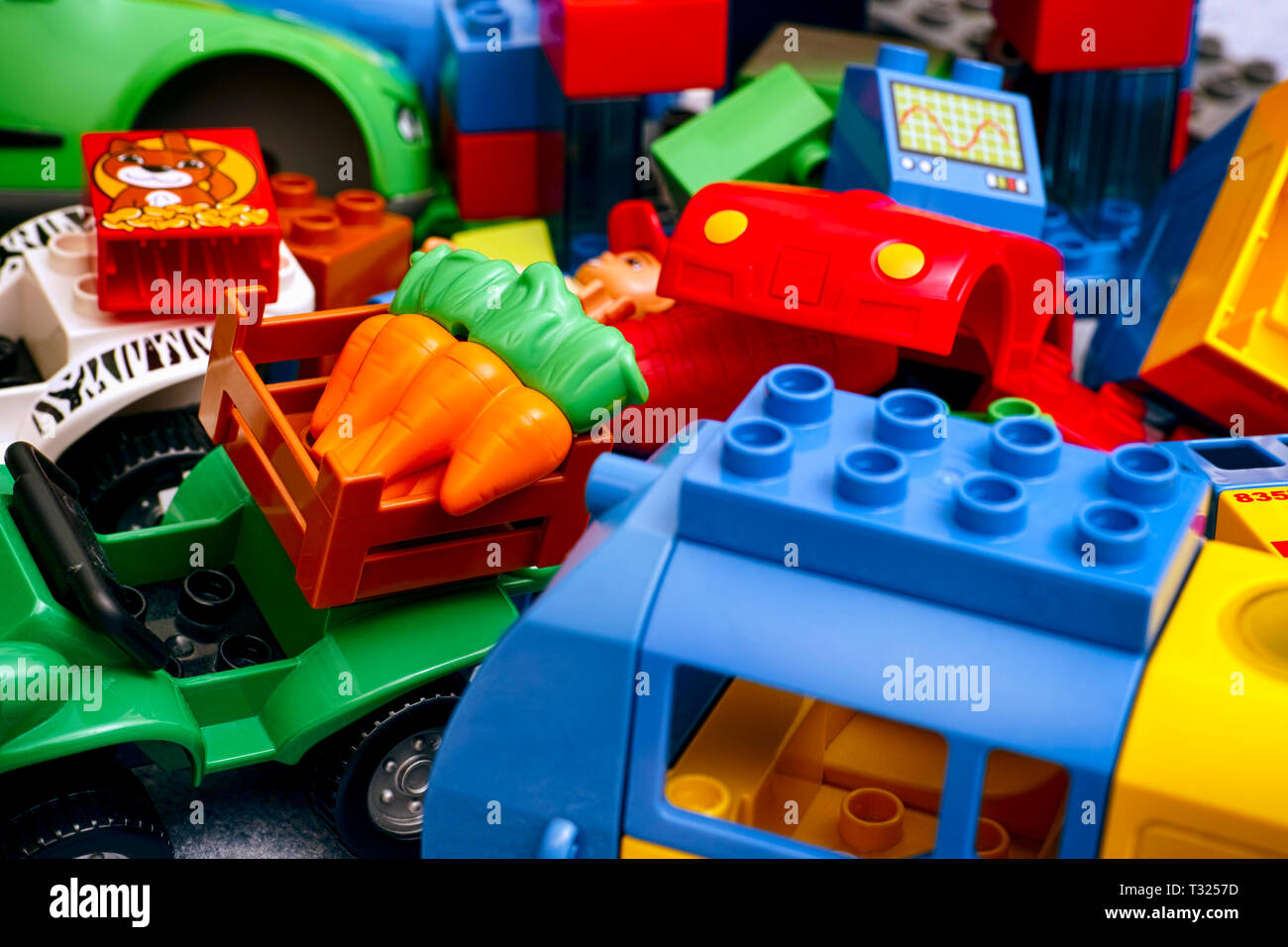 Tambov, Russian Federation - February 20, 2019 Heap of Lego Duplo Blocks,  cars and train. Studio shot Stock Photo - Alamy