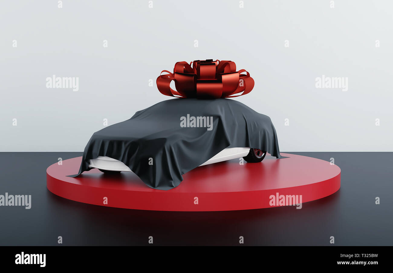 Car covered by black fabric with gift bow-knot. 3d render Stock Photo