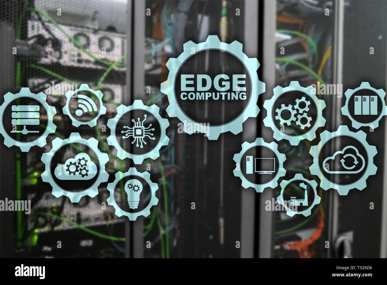 EDGE COMPUTING on modern server room background. Information technology ...