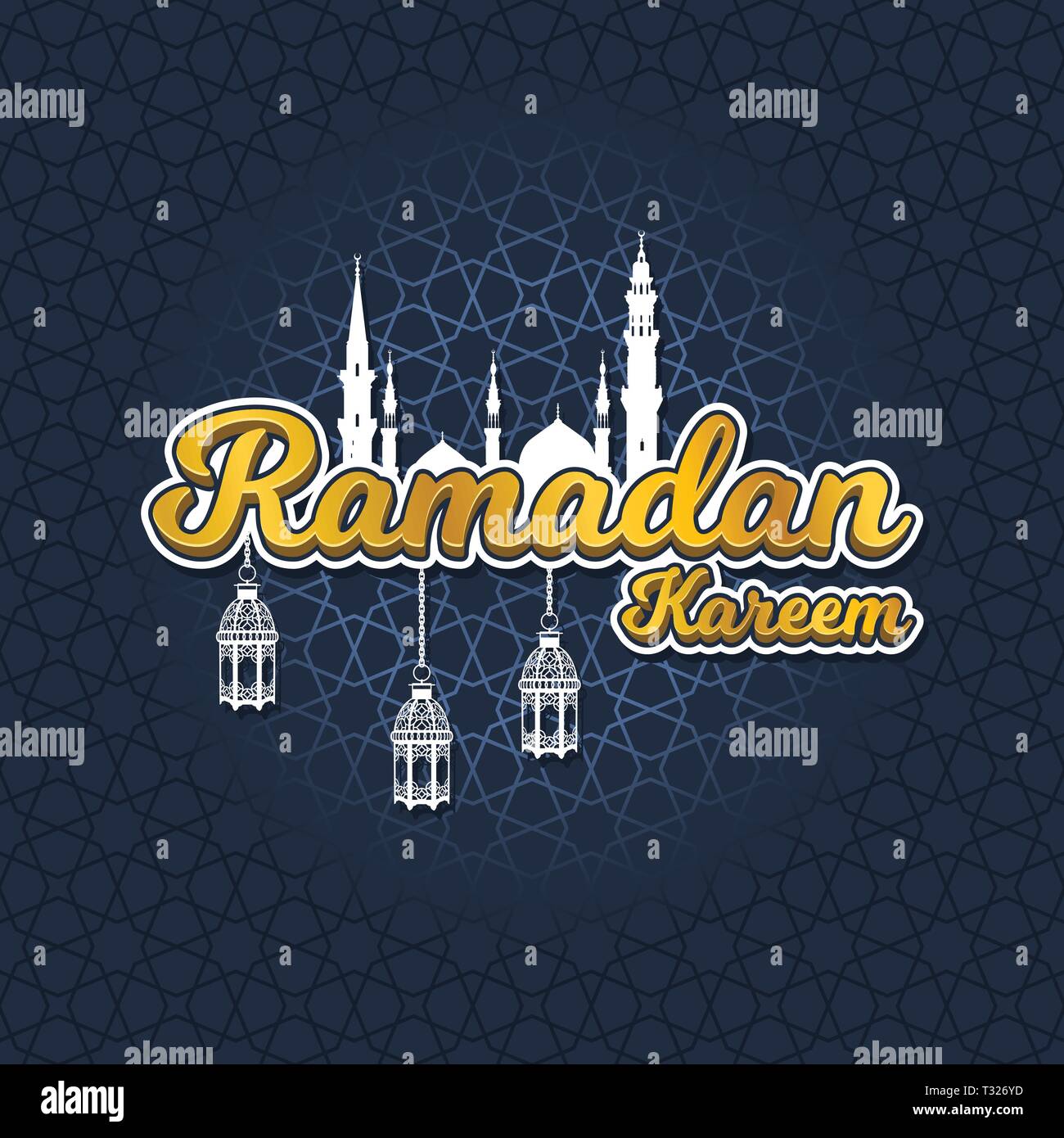 Islamic Greeting Card Design, Golden Ramadan Kareem in Cartoon 3D Word with Silhouette of Prophet Muhammad's Mosque and Lantern Elements Stock Vector