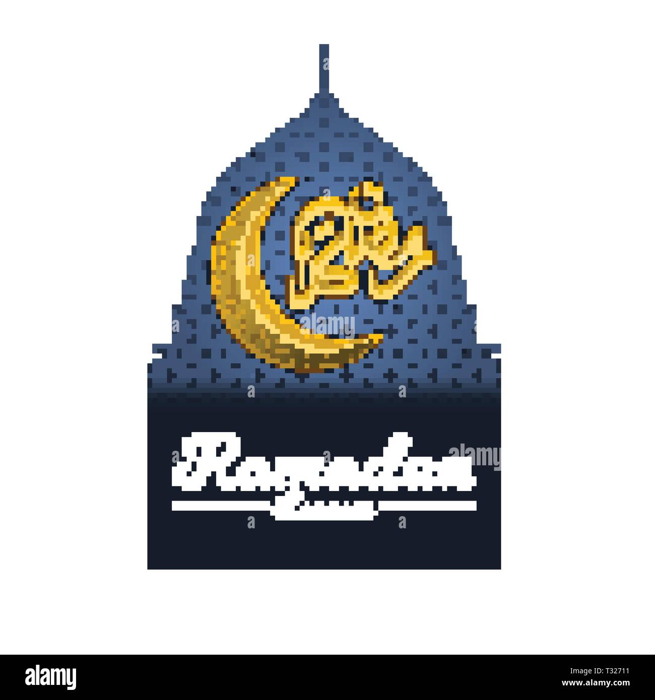 Islamic Greeting Card Design, Ramadan Kareem in Golden Arabic Calligraphy with Crescent Moon, Clipping Mask with Prophet Mosque. Stock Vector
