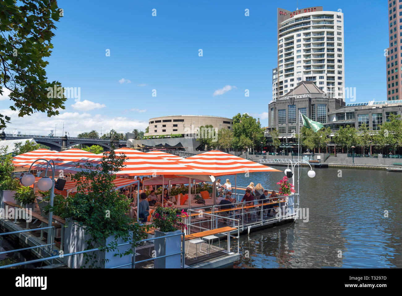 Arbory Afloat floatiing bar and restaurant on the Yarra River looking towards Southbank, Melbourne, Victoria, Australia Stock Photo