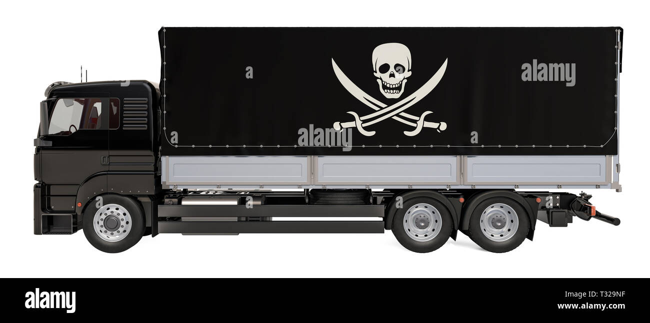 Piracy smuggling concept. Truck with piracy flag, 3D rendering Stock Photo