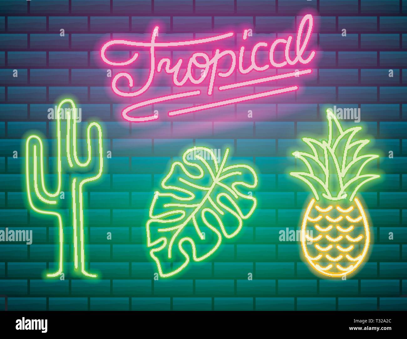 Neon signs and icons. Cactus and pineapple tropical plants palm
