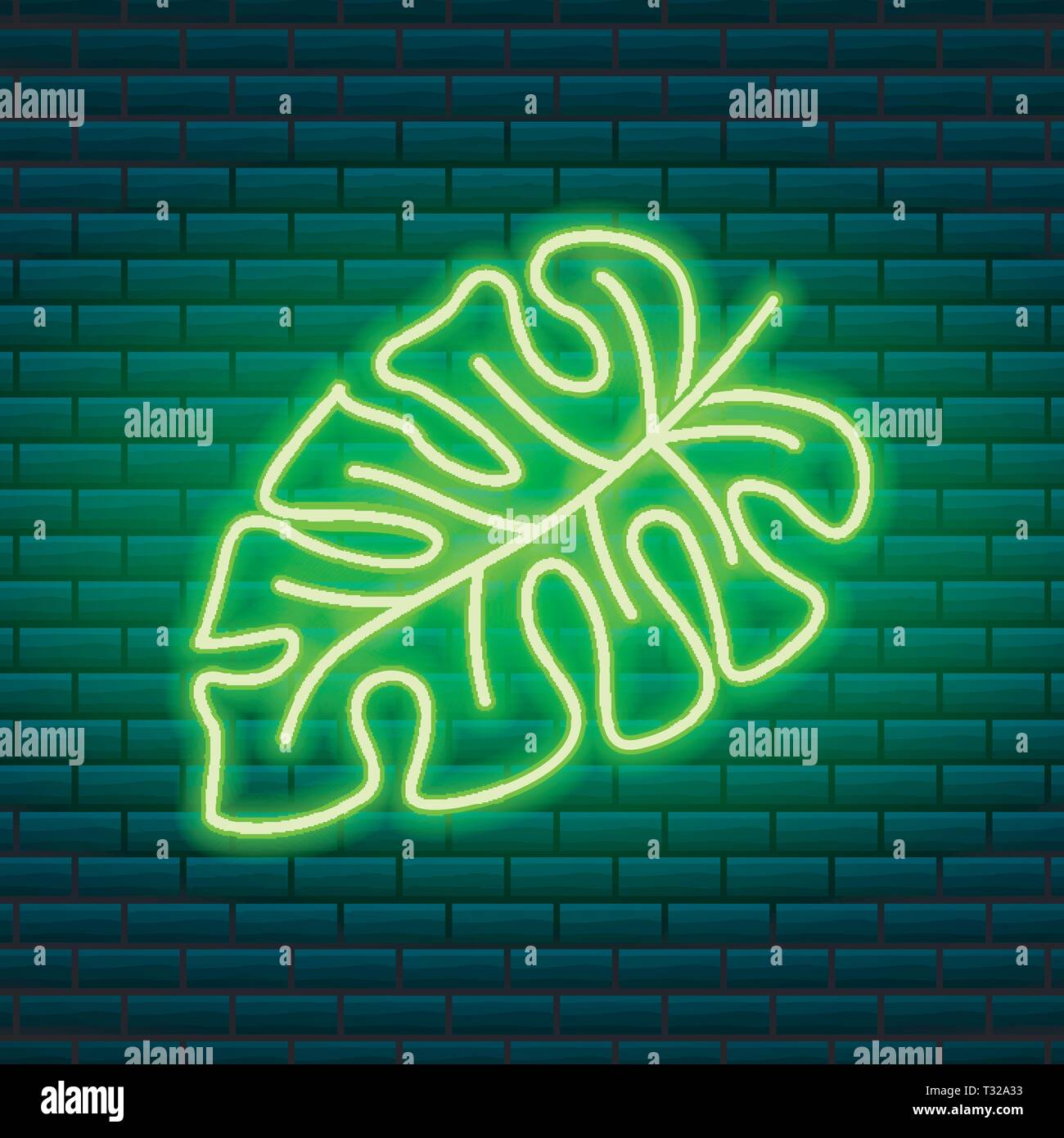 Tropical neon sign. Green plant or leaves. Night bright signboard, Glowing icon, light banner. Summer logo for Club or bar on dark background. Editabl Stock Vector