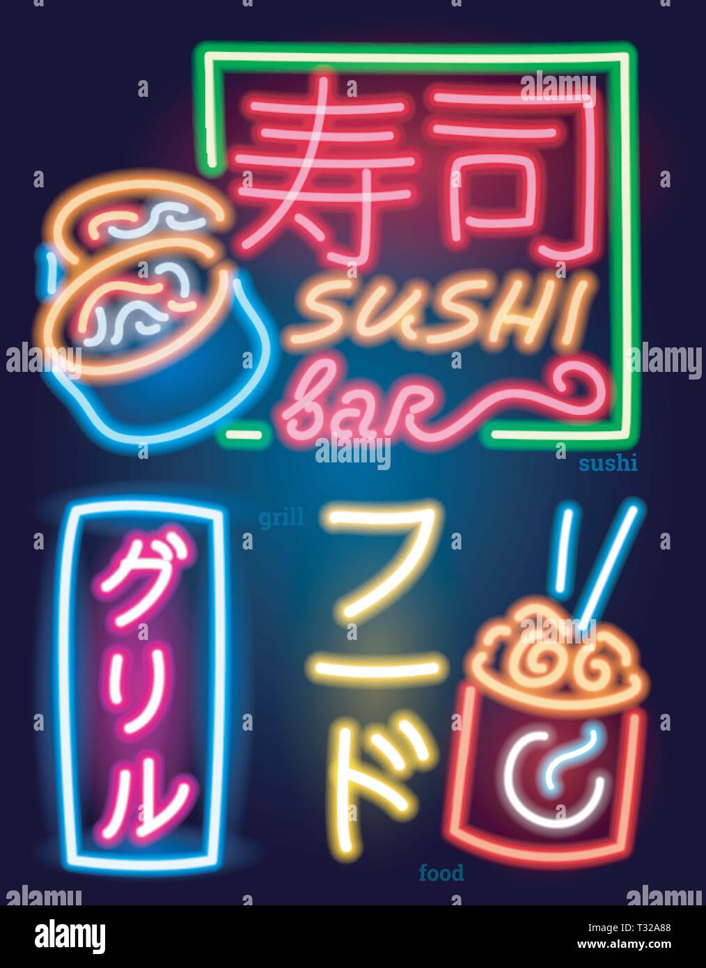 Neon sign japanese hieroglyphs. Night bright signboard, Set of Glowing