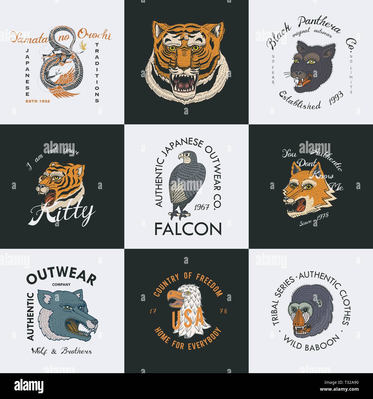 Wild vintage animals. Logo for t-shirt. Asian Tiger, Chinese Dragon, panther, fox, Falcon, Monkey. Translation The name of the Japanese mythological d Stock Vector