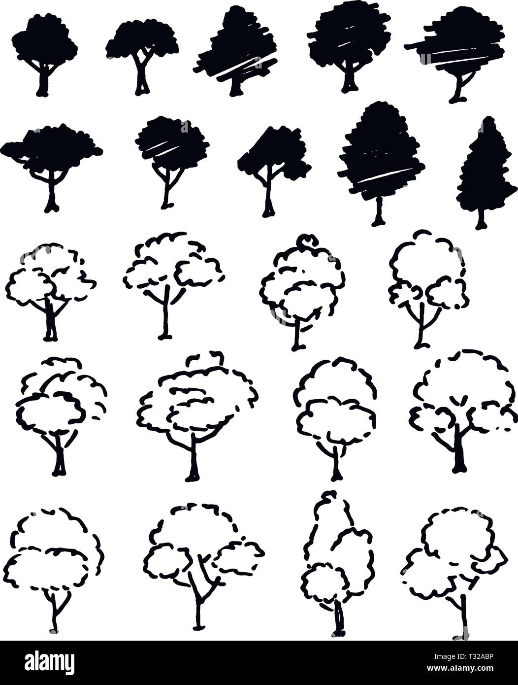 Trees sketch set, cartoon vintage illustration, ink draw engraved style ...