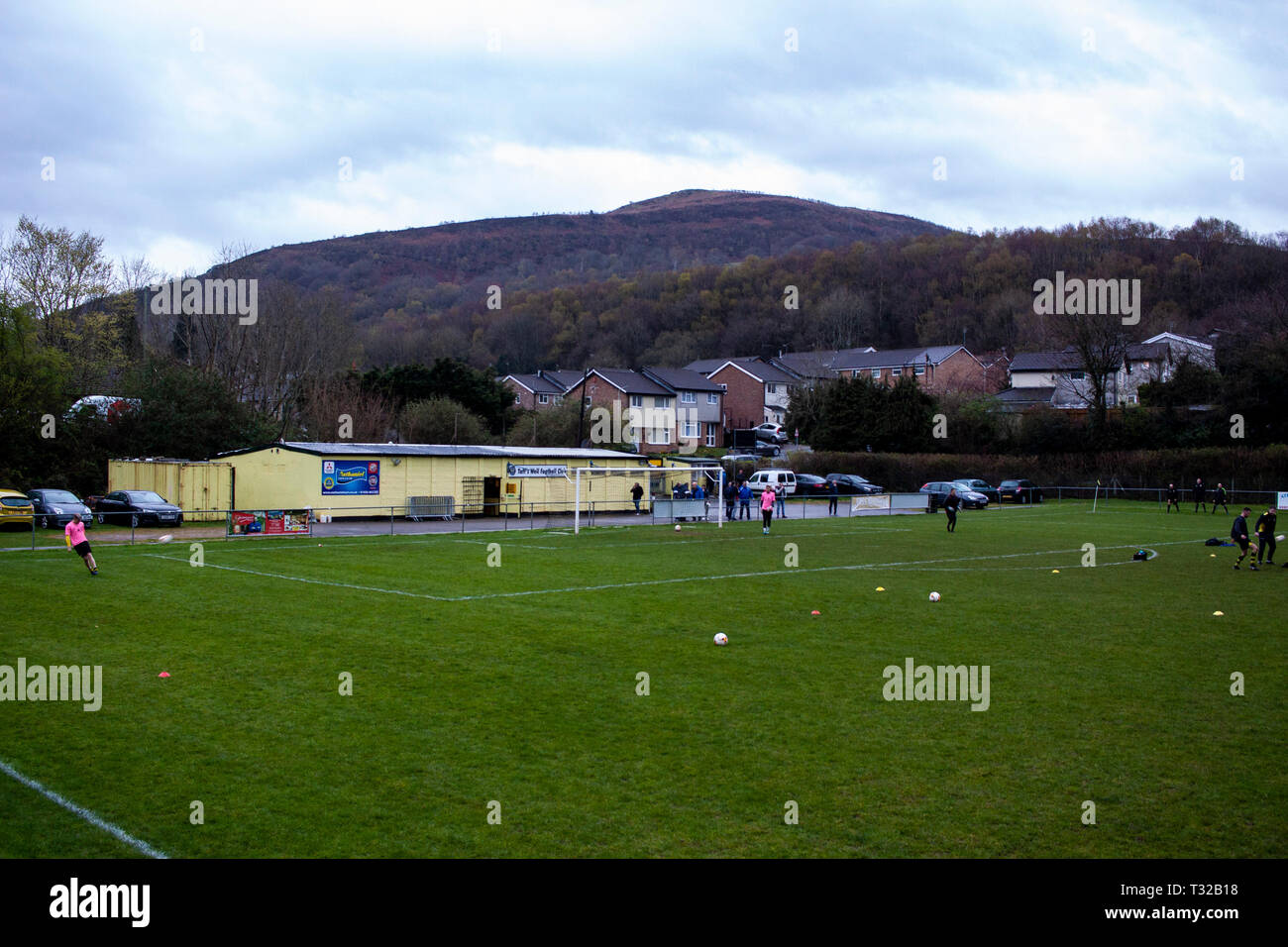 Taffs Well v Penybont in Welsh Football League Division One at the Rhiw'r Ddar Stadium. Stock Photo