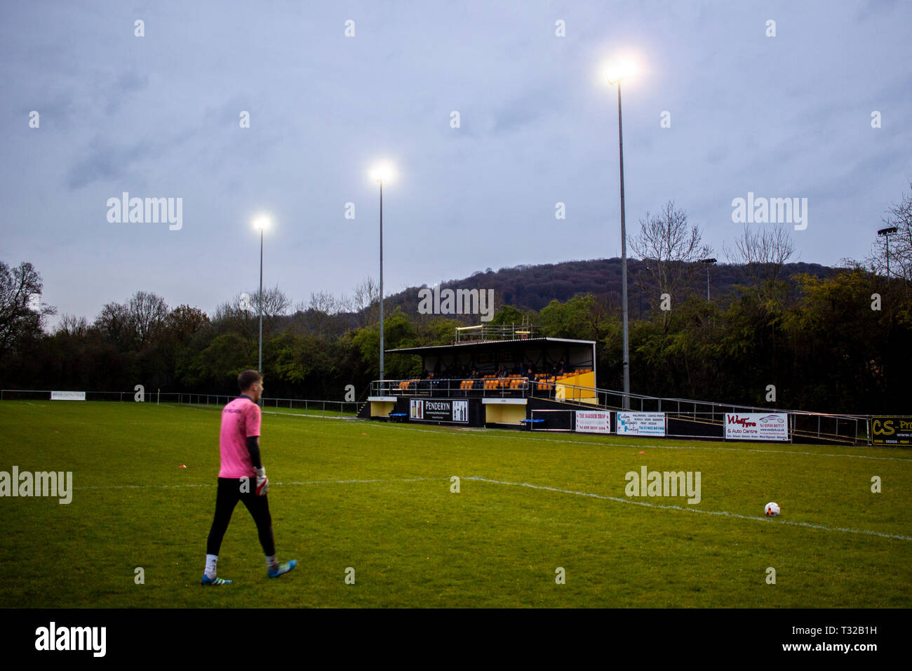 Taffs Well v Penybont in Welsh Football League Division One at the Rhiw'r Ddar Stadium. Stock Photo