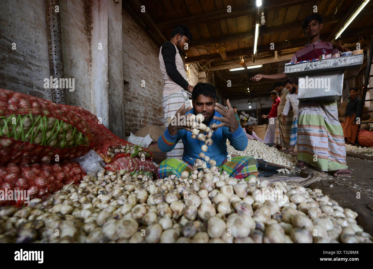 A big wholesale market in the Sadarghat area by the river in Dhaka. Stock Photo