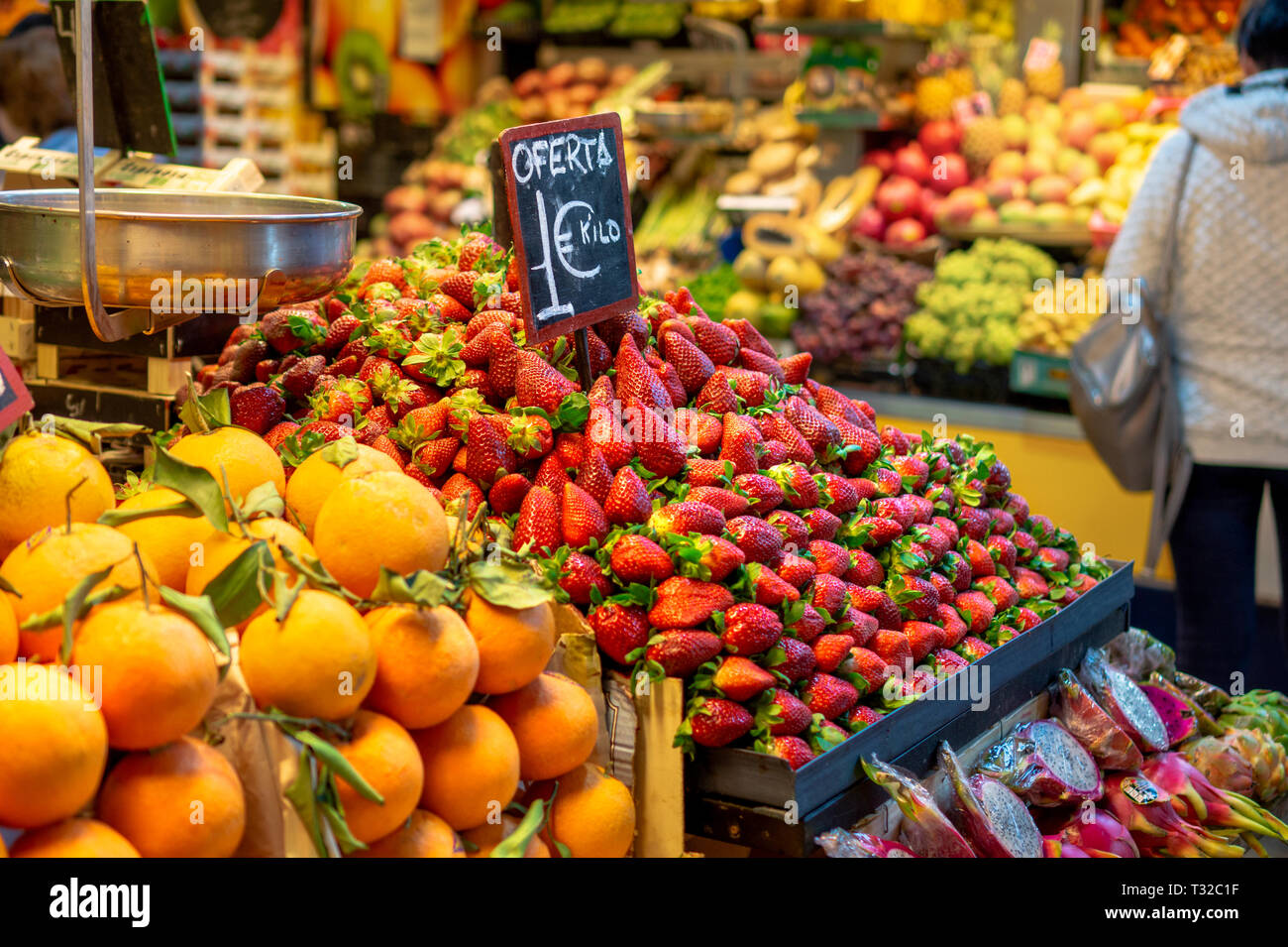 strawberry 1 Euro offer on farmers market in Spain Malaga with other fruits Stock Photo