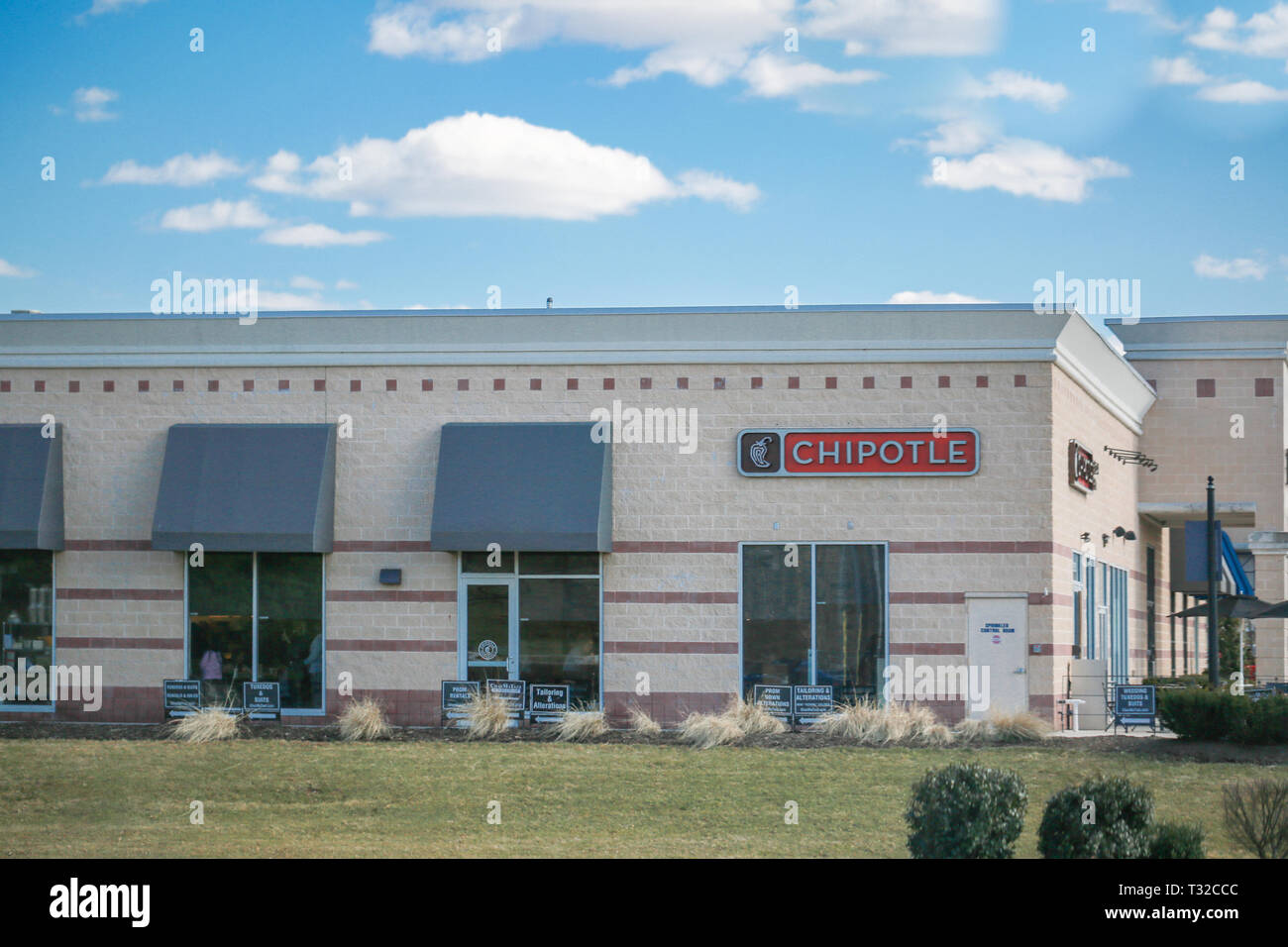 Princeton New Jersey March 16 2019: Chipolte Mexican Grill sign. Chipolte is a chain of casual dining restaurants specializing in burritos and tacos. Stock Photo
