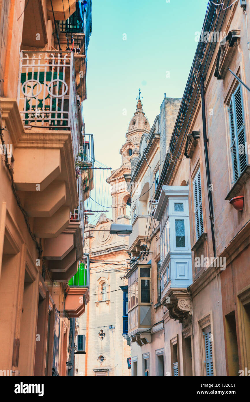 Streets of Luqa and St Andrew's Parish Church, Malta Stock Photo