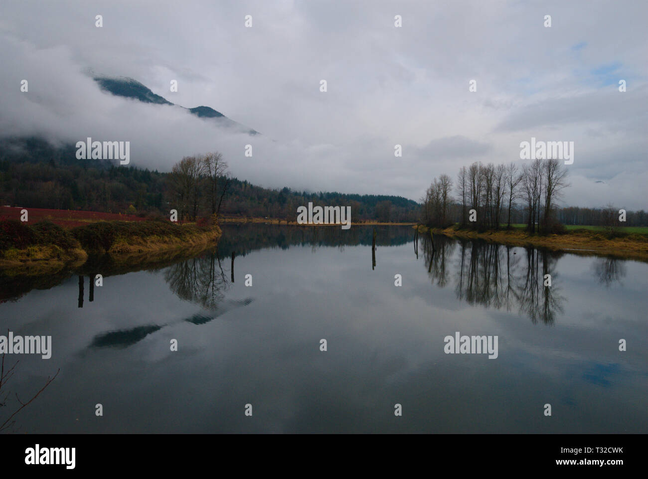 A placid backwater of the Vedder River reflects a turbulent gray