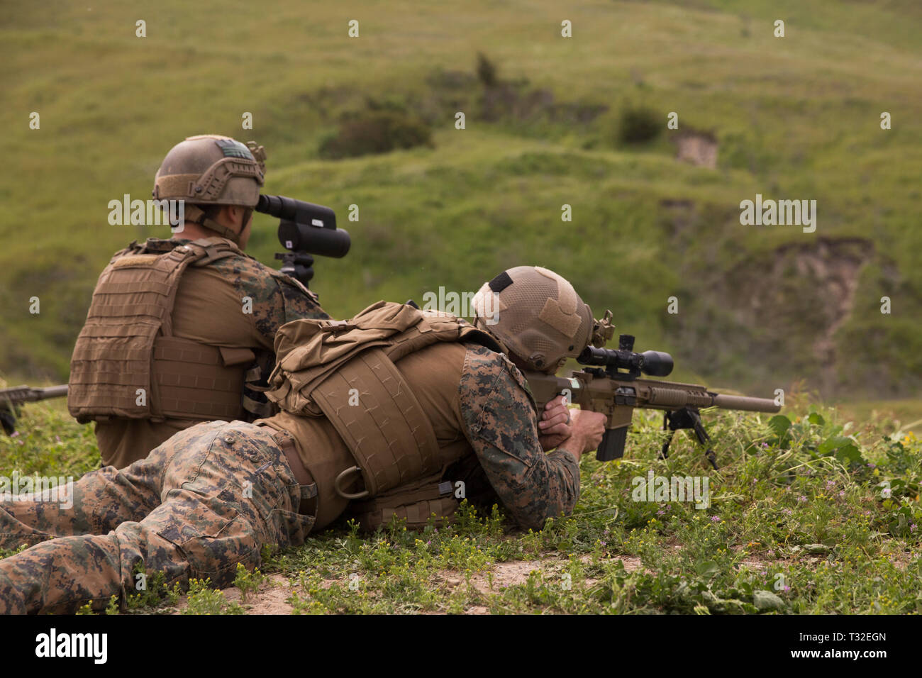 U.S. Marines conduct an unknown-distance range during the 2019 West Coast Explosive Ordnance Disposal Team Competition at Marine Corps Base Camp Pendleton, California, March 26, 2019. The competition consisted of 12 events all based on a point system in which a team could earn up to 200 points, the team who accumulated the most points at the end of the event would become the first team to win this competition. (U.S. Marine Corps photo by Cpl. Quentarius Johnson) Stock Photo