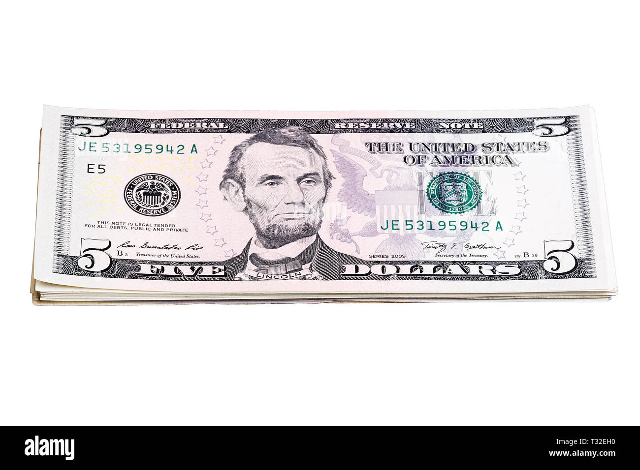 Bundle of U.S. five dollar bills. Stacked photo. Stock Photo