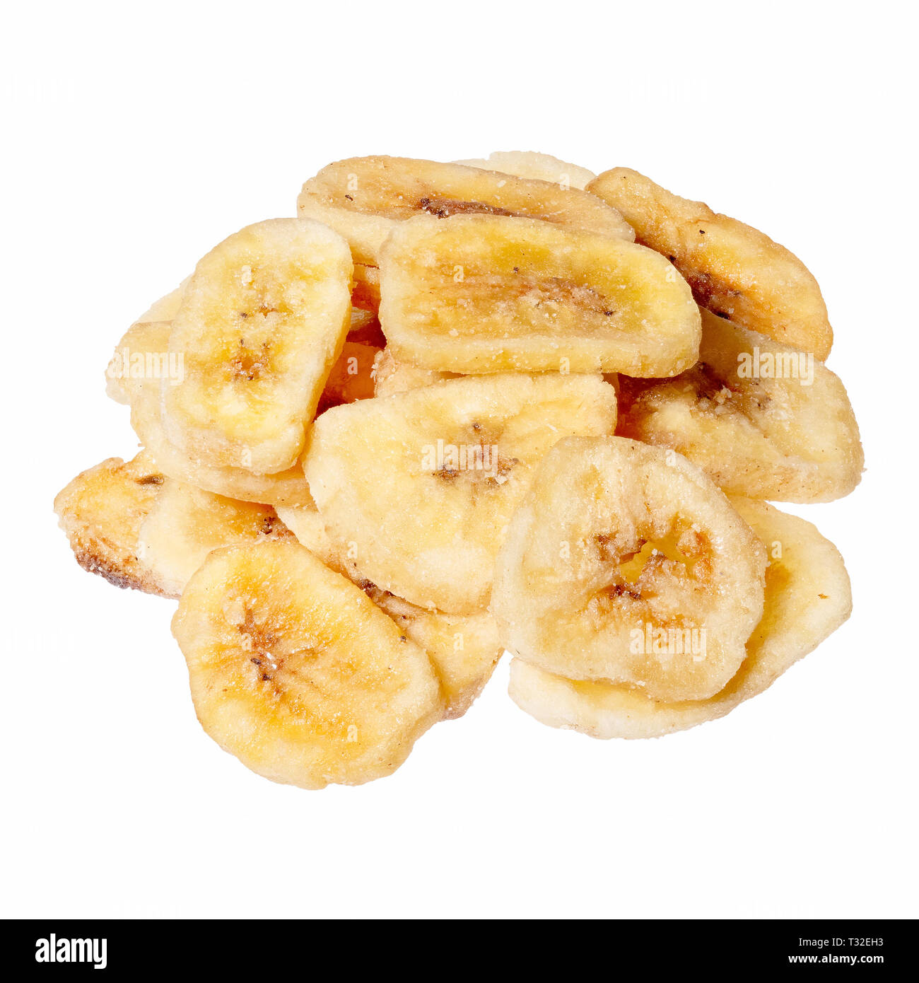 Banana chips isolated on white, close up. Stock Photo