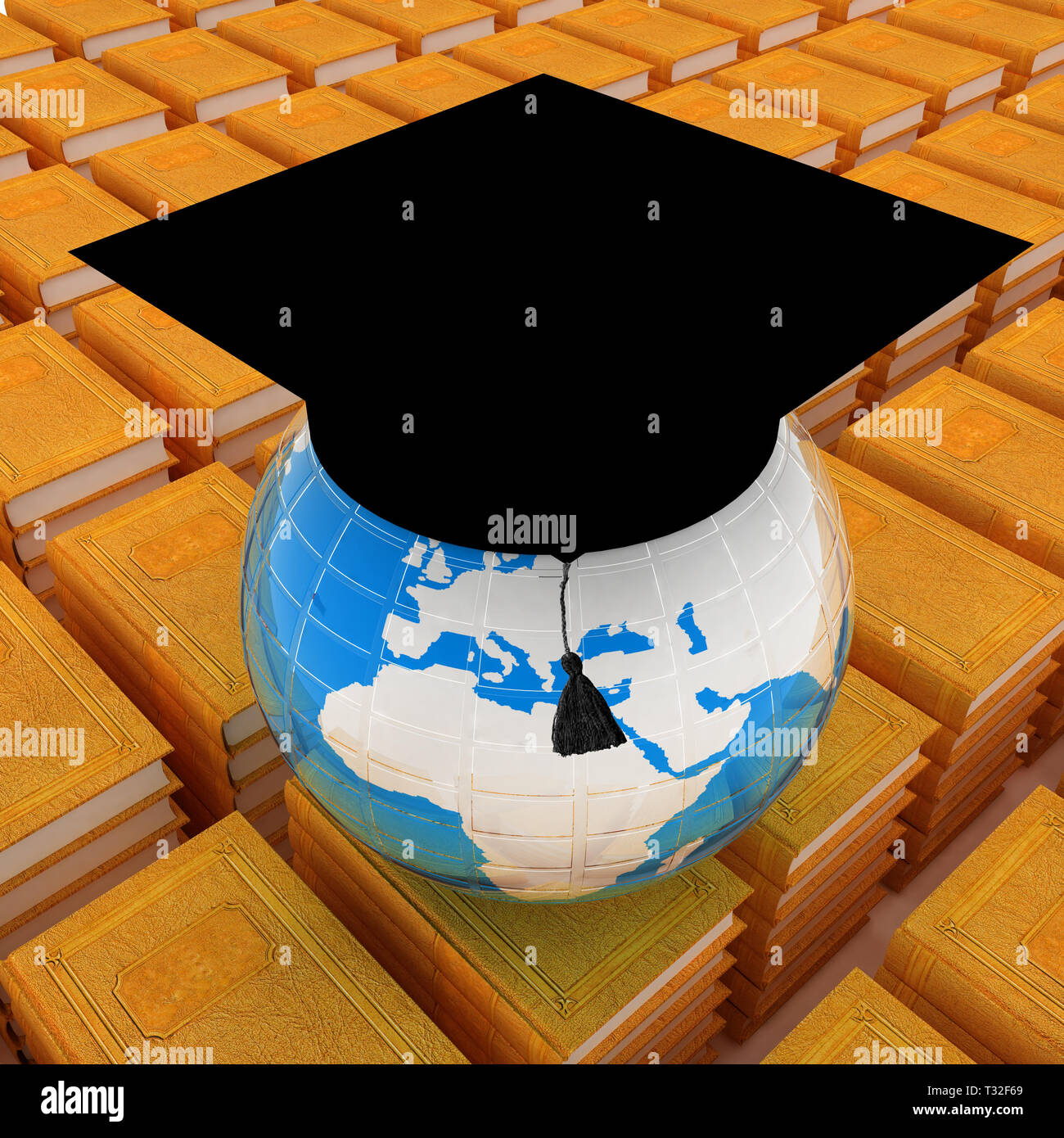 graduation hat, leather books and Earth Stock Photo - Alamy