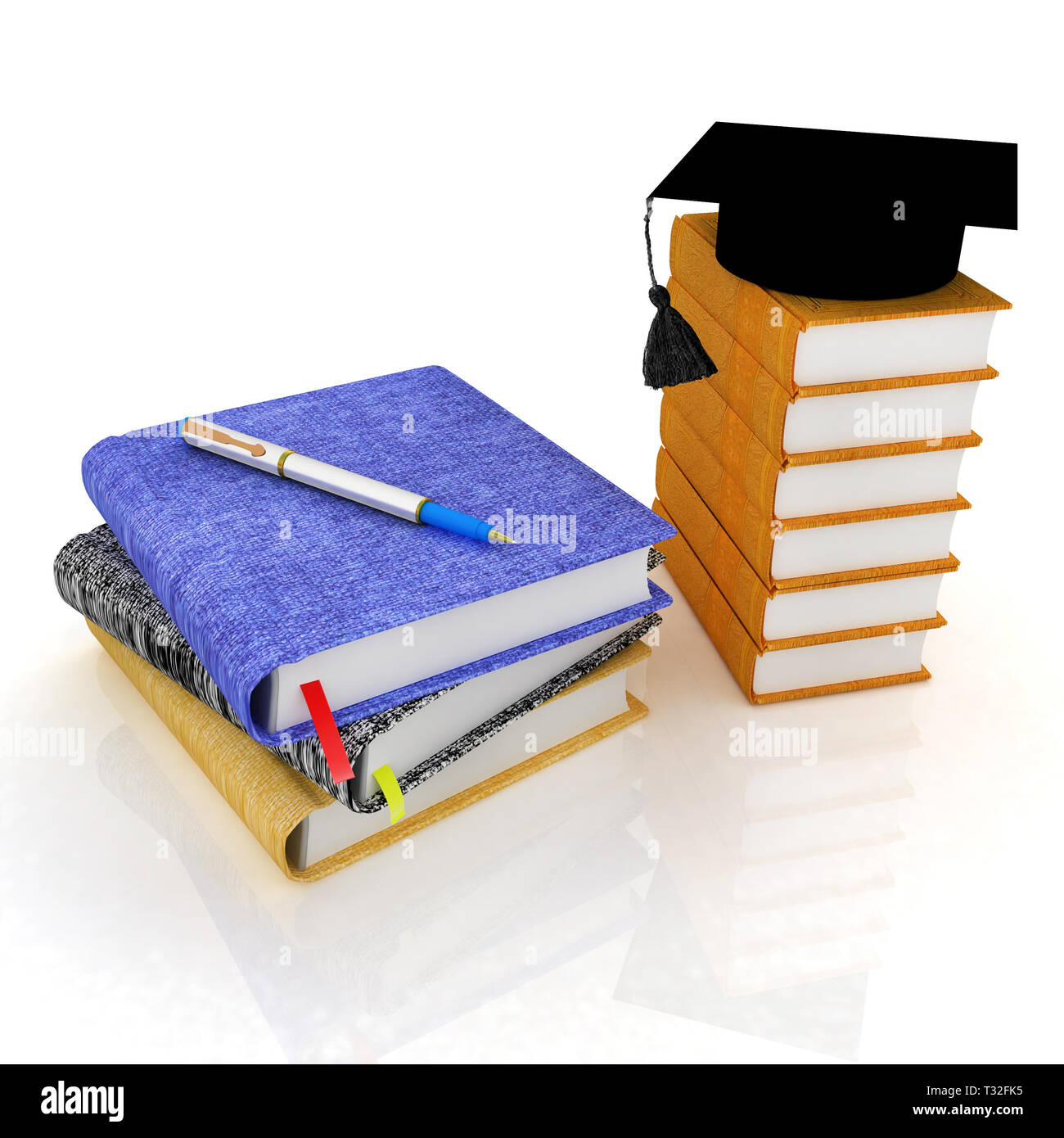 Education concept with leather books, notebooks and graduation hat from ...