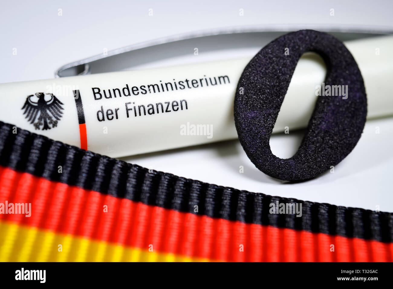 Ballpoint pen of the Federal Ministry of the finances and black zero, Kugelschreiber des Bundesministeriums der Finanzen und schwarze Null Stock Photo