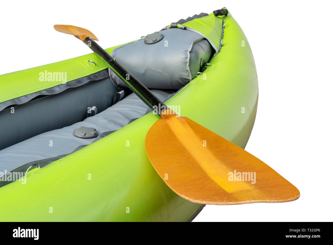 bow of green inflatable whitewater one person kayak with a paddle isolated on white Stock Photo