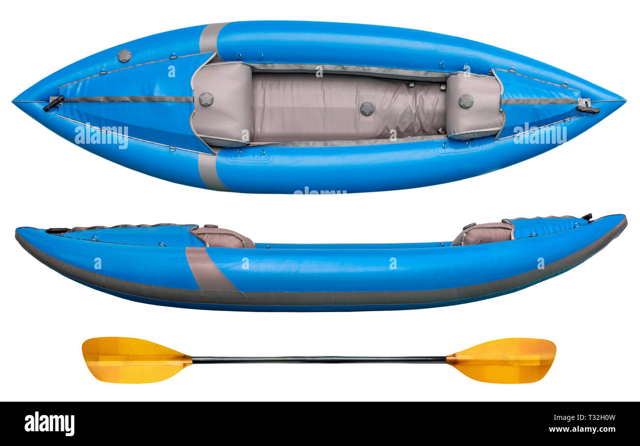 blue inflatable whitewater one person kayak and paddle isolated on white, overhead and side view Stock Photo